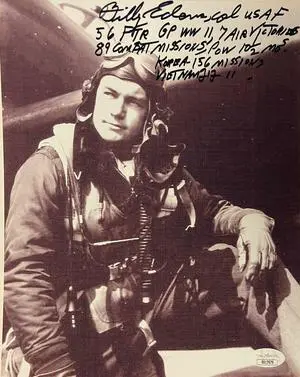 Col Billy Edens signed Vintage WWII/Vietnam/Korea Ace Pilot B&W 8x10 Photo- JSA #SS17679- 56 FTR Group P-47's-7 Air Victories