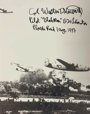 Col Walter Stewart signed WWII Vintage B&W 8x10 Photo- PSA #AD31983- Pilot "Utah Man" B-24 Liberator/Ploesti Raid/1 August 1943
