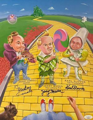 Wizard of Oz Munchkins signed 11x14 Photo- 3 sig- JSA- Mickey Carroll/Jerry Maren/Karl Slover