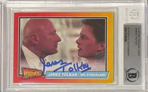 James Tolkan signed Back to the Future Mr. Stickland Custom Trading Card- BAS/Beckett Encapsulated ( w/ Michael J. Fox)