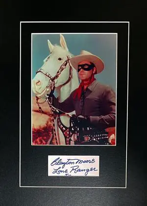 Clayton Moore signed 2x4.5 Cut Sig w/ Lone Ranger 8x10- Custom Matted 13x19