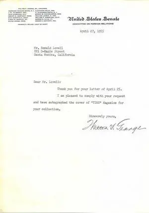 Senator Walter F. George Signed United States Senate Typed Letter  Beckett Rev (Dated April 27, 1955/ Democratic/Georgia)