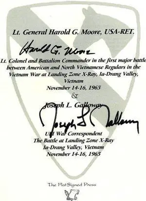 Lt. Gen Hal/Harold Moore/J. Galloway Dual Signed 2009 6x9  JSA Book Release Sheets/Vietnam/Z-Ray/Ia-drang