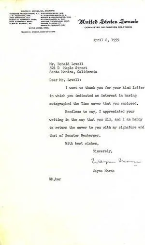 Senator Wayne Morse Signed United States Senate Typed Letter  COA (April 2, 1955/Oregon)