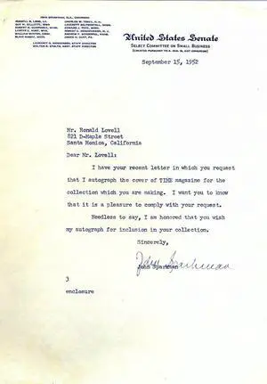 Senator John Sparkman Signed United States Senate Typed Letter  COA (September 15, 1952/ Democratic/Alabama)