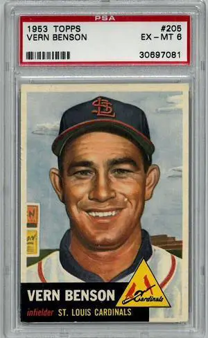 Vern Benson 1953 Topps Baseball Card #205- PSA Graded 6 EX-MT (St. Louis Cardinals)