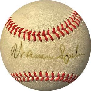 Warren Spahn signed RONL Rawlings Official National League Baseball toned/bleed (Milwaukee Braves/HOF)