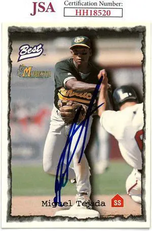 Miguel Tejada signed 1997 Best Baseball Rookie Card (RC) #4- JSA #HH18520 (Modesto/Oakland A's/On Card Auto)