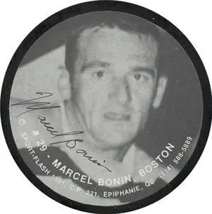Marcel Bonin signed 1991 Boston Bruins Sports-Flash NHL Photo Puck- JSA #LL60535