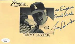 Tom/Tommy Lasorda signed 8.5x5 Ringor Classics Card To Eugene Good Luck- JSA #LL60274 (Los Angeles Dodgers)