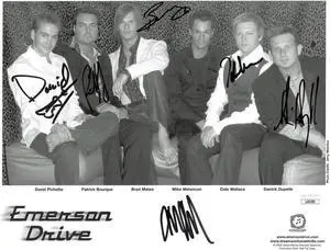 Emerson Drive signed B&W 8.5x11 Photo- 6 sigs- JSA- David Pichette/Patrick Bourque/Brad Mates/Mike Melancon/Dale Wallace/Dupelle