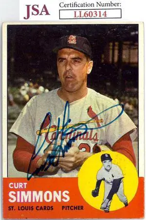 Curt Simmons signed 1963 Topps Card #22- JSA #LL60314 (On Card Auto/St. Louis Cardinals)