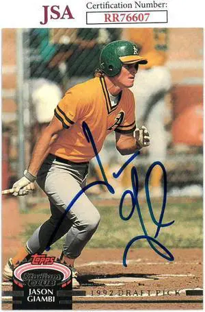 Jason Giambi signed 1992 Topps Stadium Club Card #200- JSA #RR76607 (On Card Auto/Oakland Athletics)