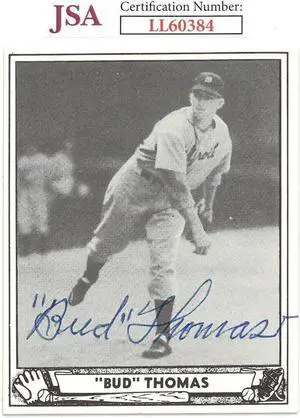 Luther Baxter "Bud" Thomas signed 1986 Reprint 1940 Play Ball Card #42- JSA #LL60384 (On Card Auto/Detroit Tigers)