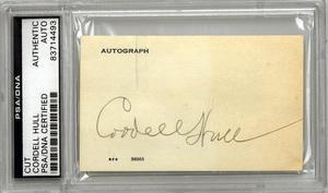 Cordell Hull signed 2.25x3.5 Cut Signature- PSA Encapsulated (Secretary of State/Senator)