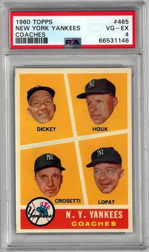 1960 Topps New York Yankees Coaches Card #465- PSA Graded 4 VG-EX (Bill Dickey/Frank Crosetti/Ralph Houk/Ed Lopat)