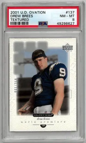Drew Brees 2001 Upper Deck Ovation Textured Rookie Card (RC) #137- 061/250- PSA Graded 8 NM-MT (San Diego Chargers)