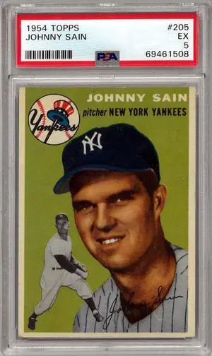 Johnny Sain 1954 Topps Baseball Card #205- PSA Graded 5 EX (New York Yankees)