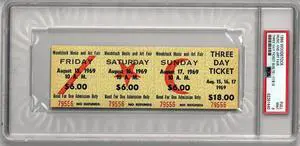 1969 Woodstock Music & Art Fair- PSA Slabbed Mint 9 Rare $18 Advance Purchase Vintage 3 Day Full Ticket Aug 15-17, 1969