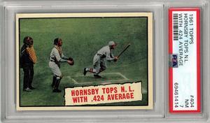 Rogers Hornsby 1961 Topps Tops NL with .424 Average Baseball Card #404- PSA Graded 7 NM (St. Louis Cardinals)