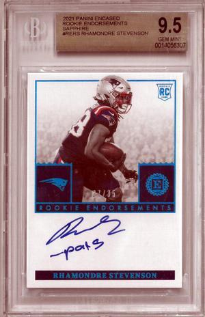 Rhamondre Stevenson 2021 Panini Encased Rookie Endorsements Sapphire Card (RC) #RE-RS- 27/35- BGS Graded 9.5 Gem Mint/10 Auto