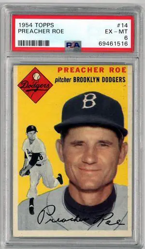 Preacher Roe 1954 Topps Baseball Card #14- PSA Graded 6 EX-MT (Brooklyn Dodgers)