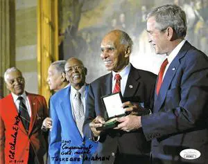 Charles E. McGee signed WWII Tuskegee Airmen 8x10 Photo- JSA #AC92642- 2007 Congressional Gold Medal w/ President George W. Bush