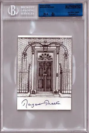 Margaret Thatcher signed 3.5x5 Sticker- JSA Authenticated & Beckett Encapsulated (United Kingdom Prime Minister)