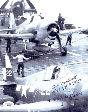 Robert/Bob Maxwell signed WWII Vintage B&W 8x10 Photo- JSA #SS51670- VF-11/Navy Ace Pilot /11 Kills