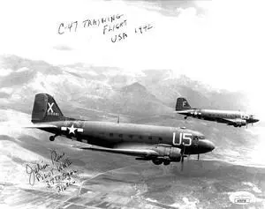 Julian "Bud" Rice signed WWII C-47 Pilot B&W 8x10 Photo- JSA #AC92729- 37th Sqdn/316 TCG/Training Flight USA 1942