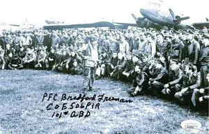 Bradford Freeman signed WWII Band of Brothers Vintage B&W 8x10 Photo- JSA #AC92762- E Company 506 PIR- 101st ABD