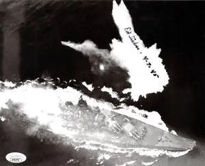 Edward Sieber signed WWII Vintage 8x10 Photo imperfect- JSA #AC92775- 4-7-45- Helldiver Japanese Yamato