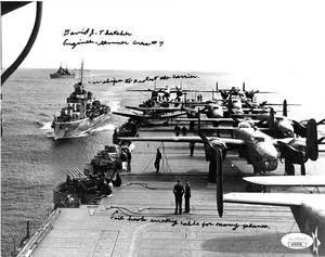 David Thatcher signed WWII Doolittle Raiders USS Hornet Vintage B&W 8x10 Photo- JSA #AC92750- Engineer- Gunner Crew #7