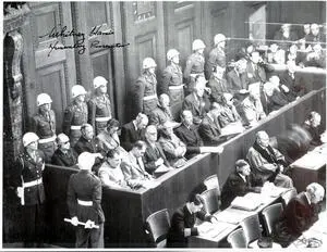 Whitney Harris signed 1945-46 WWll Nuremberg Trials B&W 8.5x11 Photo PSA & GAI- Prosecutor Military Tribunals RARE