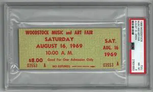 1969 Woodstock Music & Art Fair Original Vintage Full Ticket Saturday Green 8/16/69- PSA Slabbed NM-MT 8 - 27831693
