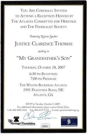 Supreme Court Justice Clarence Thomas signed 2007 Reception Invitation- JSA #AC92427 (Atlanta Heritage & The Federalist Society)