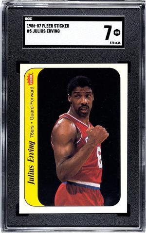 Julius Erving 1986-87 Fleer Sticker Card #5- SGC Graded 7 NM (Philadelphia 76ers)