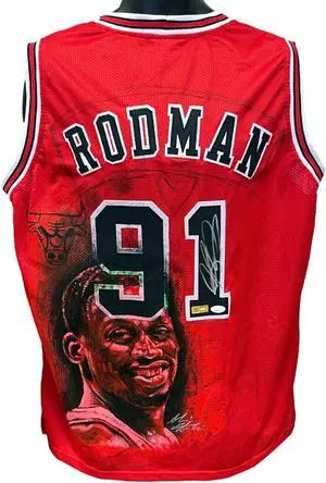 Dennis Rodman signed Chicago Hand Painted 1/1 Red Custom Stitched Basketball Jersey XL- JSA Witnessed