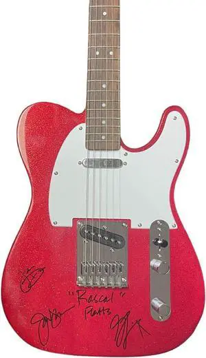 Rascal Flatts Band Signed Fender Squire Telecaster Red Sparkle Guitar Gary LeVox/Joe Don Rooney/Jay DeMarcus (3 sigs-Family COA)
