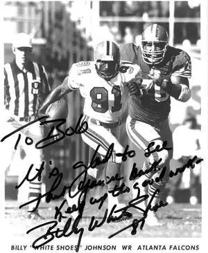 Billy White Shoes Johnson signed Atlanta Falcons 8x10 Photo #81 To Bob COA (Oilers)