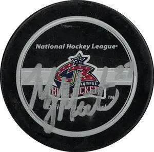 Manny Malhotra signed Columbus Blue Jackets Logo Hockey Puck- Blue Jackets COA