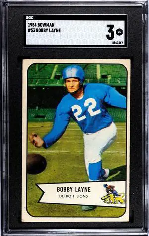 Bobby Layne 1954 Bowman Card #53- SGC Graded 3 VG (Detroit Tigers)