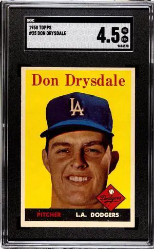 Don Drysdale 1958 Topps Baseball Card #25- SGC Graded 4.5 VG-EX+ (Los Angeles Dodgers)