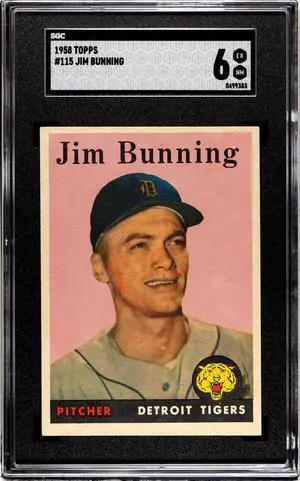 Jim Bunning 1958 Topps Baseball Card #115- SGC Graded 6 EX-NM (Detroit Tigers)