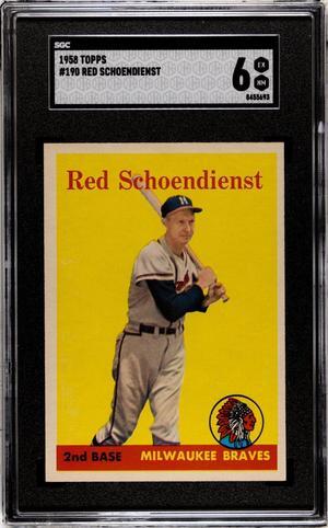 Red Schoendienst 1958 Topps Baseball Card #190- SGC Graded 6 EX-NM (Milwaukee Braves)