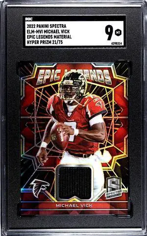 Michael Vick 2022 Panini Spectra Epic Legends Material Hyper Prizm Card #ELM-MVI- /75- SGC Graded 9 Mint (Atlanta Falcons)