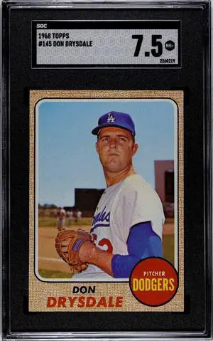 Don Drysdale 1968 Topps Baseball Card #145- SGC Graded 7.5 NM+ (Los Angeles Dodgers/HOF)