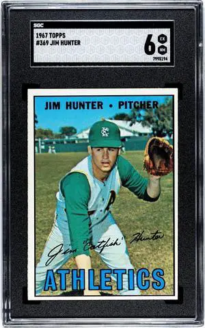 Jim "Catfish" Hunter 1967 Topps Baseball Card #369- SGC Graded 6 EX-NM (Oakland Athletics/HOF)