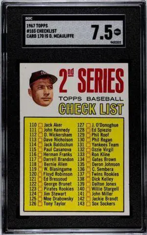 1967 Topps Checklist/Mantle Card #103- 170 D. McAuliffe- SGC Graded 7.5 NM+