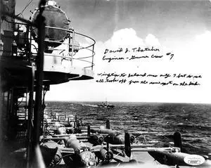 David Thatcher signed WWII Doolittle Raiders USS Hornet Vintage B&W 8x10 Photo- JSA #AC92637- Engineer- Gunner Crew #7